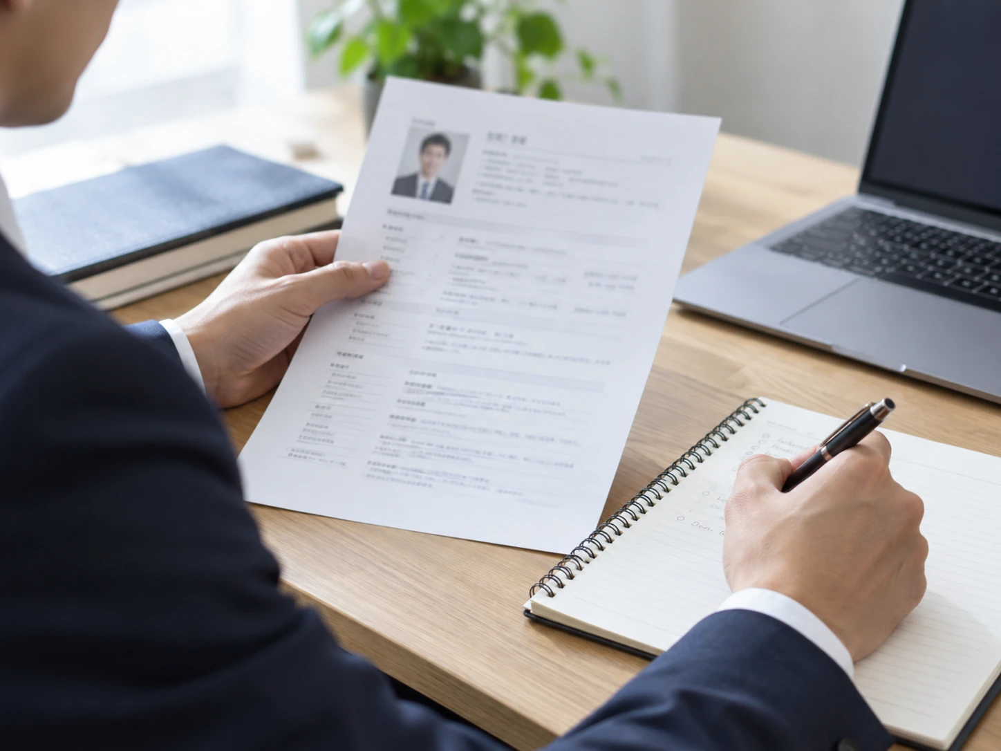 明るい机で応募書類とノートを整理する手元のイメージ